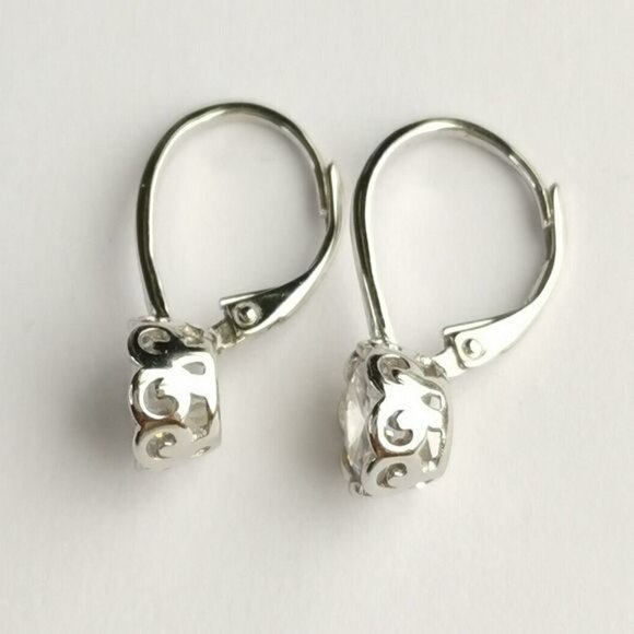Sterling silver cz solitaire drop earrings lever back in filigree setting - Picture 2 of 8